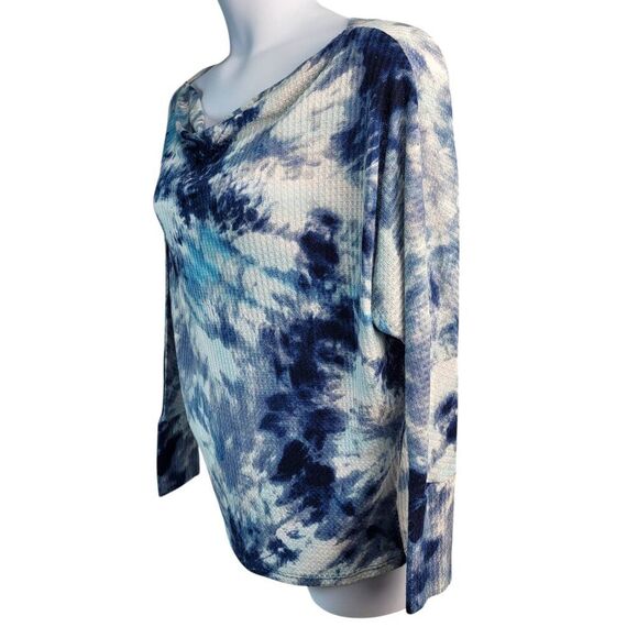 Three Bird Nest Medium Blue White Tie Dye Top Cowl Neck Waffle Knit USA MADE - Picture 7 of 14